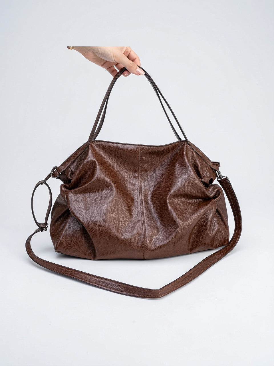 Apolline — Grand sac à main souple de cours avec bandoulière - Marron