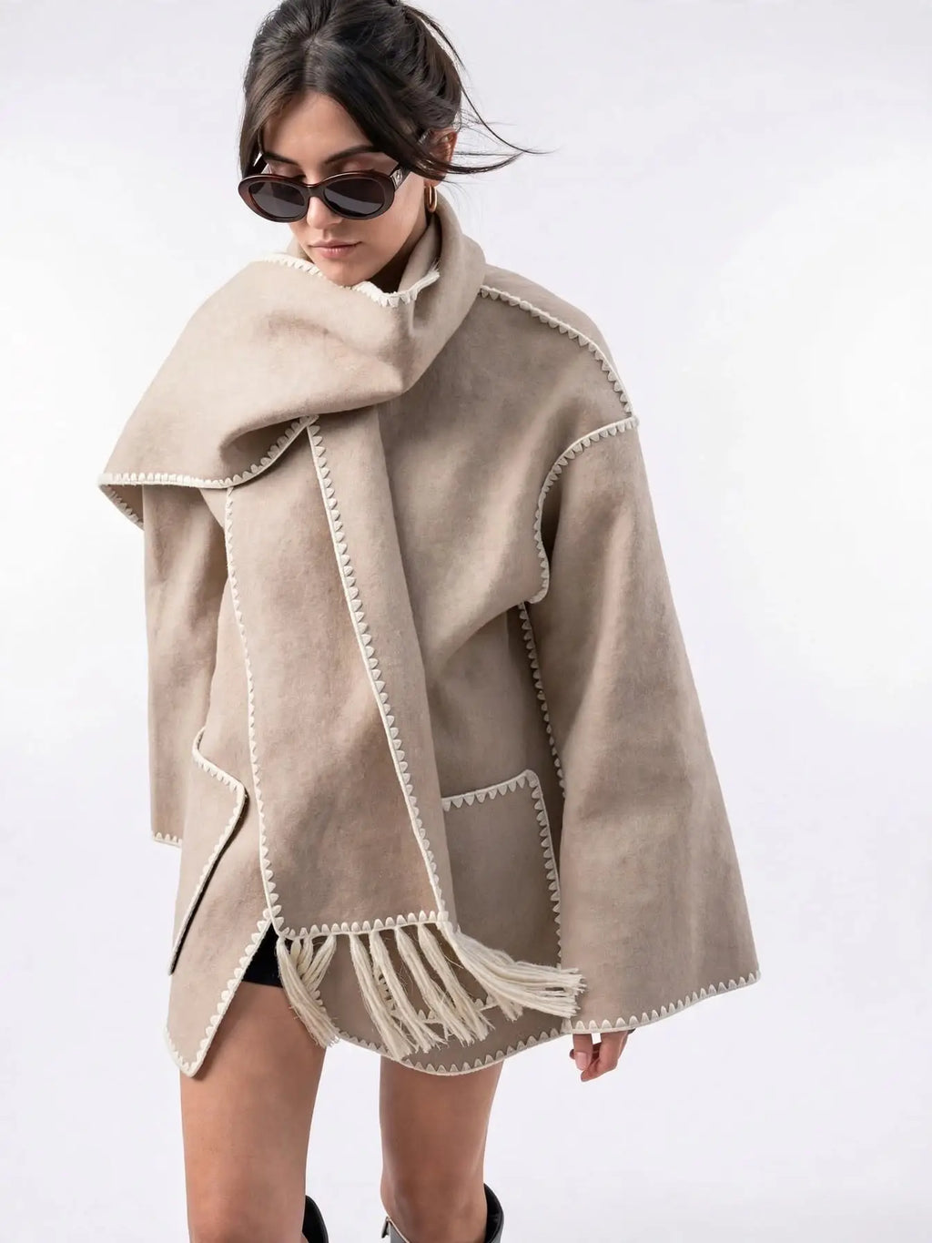 Manteau Laine Tweed Femme Ample Coupe Col Rond