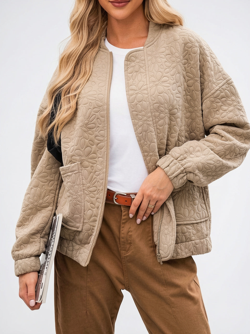 Blouson Bomber Floral Texturé Chaud Coupe Relax - Kaki S