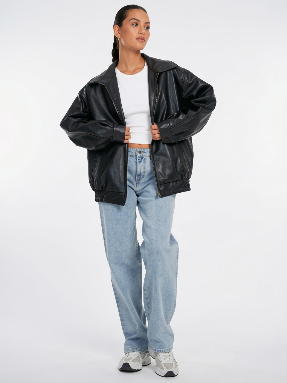 Blouson Bomber Oversize pour Femmes, Vêtement Extérieur Décontracté, Cuir Premium, Coupe Relax - Black XS