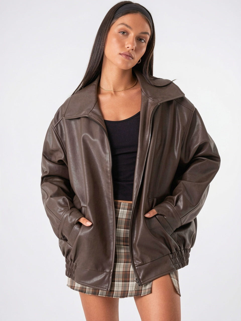 Blouson Bomber Oversize pour Femmes, Vêtement Extérieur Décontracté, Cuir Premium, Coupe Relax - Brown XS