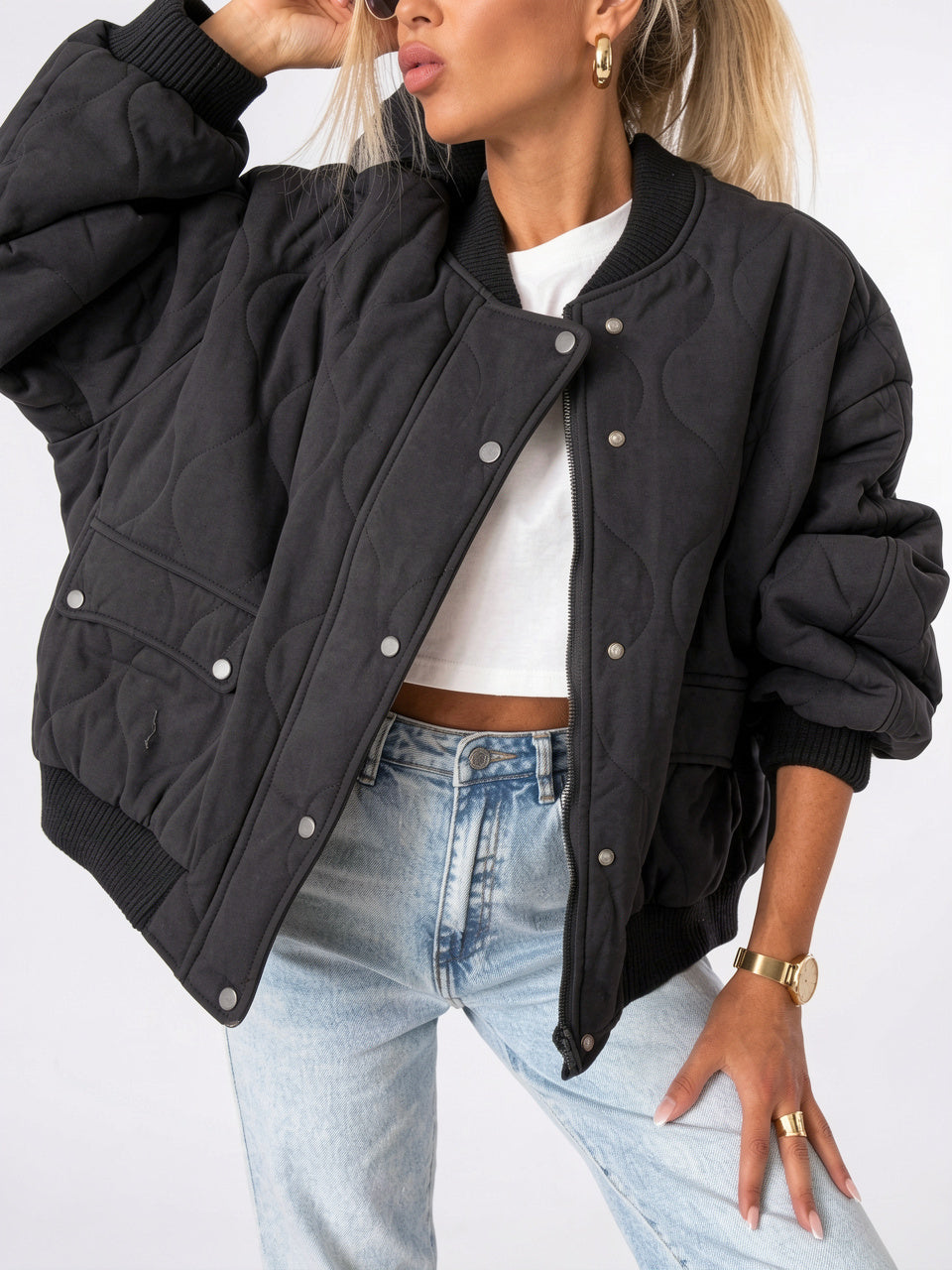 Bomber Matelassé Femme Oversize Quotidien Confort Coupe Ample - Noir S