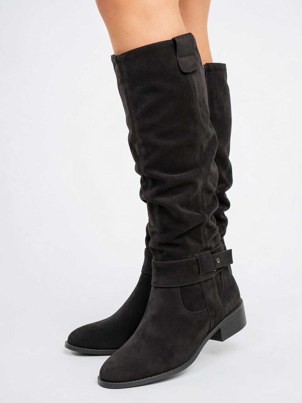 Bottes hautes en daim pour femmes avec fermeture éclair latérale, usage quotidien talon bas, silhouette slouch et texture douce - 2