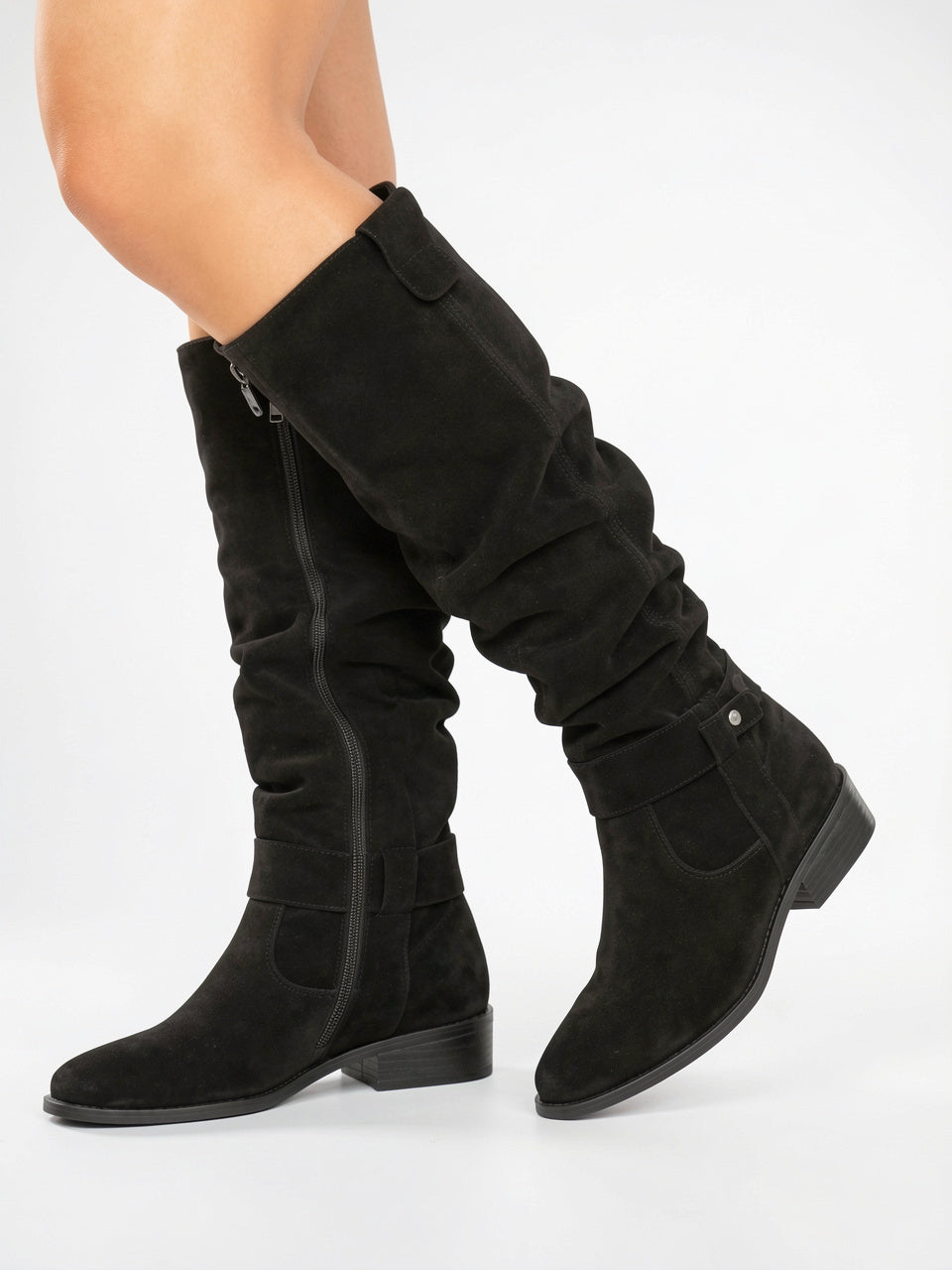 Bottes hautes en daim pour femmes avec fermeture éclair latérale, usage quotidien talon bas, silhouette slouch et texture douce - 3