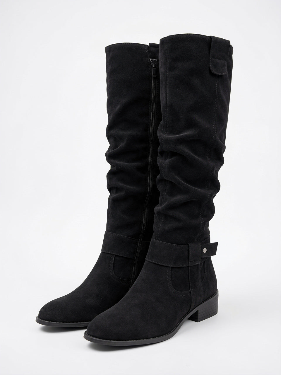 Bottes hautes en daim pour femmes avec fermeture éclair latérale, usage quotidien talon bas, silhouette slouch et texture douce - Black 3