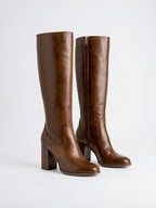 Bottes hautes femme fermeture éclair talon bloc - Marron 5.5