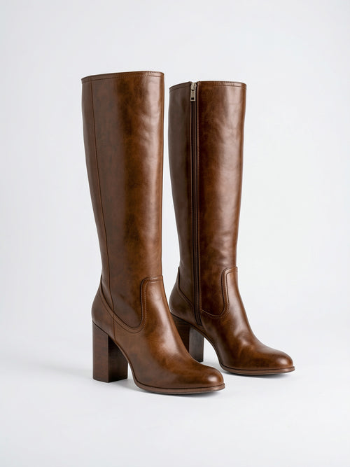 Bottes hautes femme fermeture éclair talon bloc - Marron 5.5