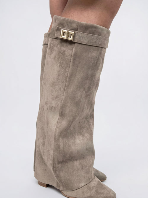 Bottes hautes femme suédine détail doré talons - 2