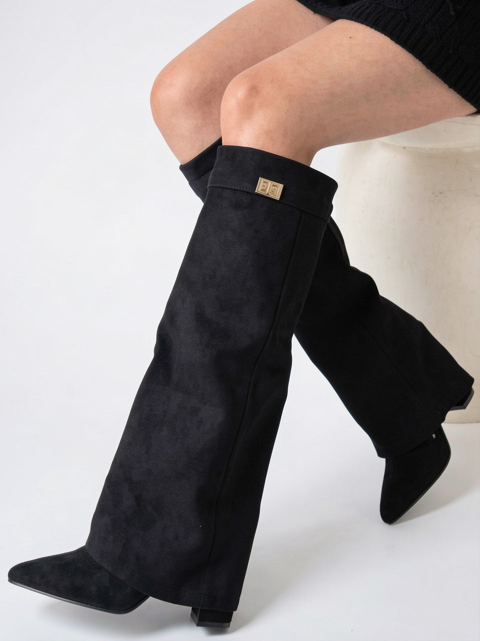 Bottes hautes femme suédine détail doré talons - 7
