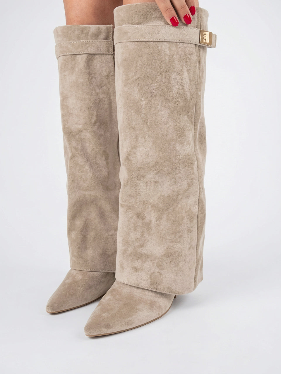 Bottes hautes femme suédine détail doré talons - Beige 36