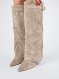 Bottes hautes femme suédine détail doré talons - Beige 36
