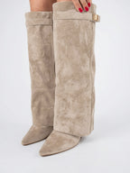Bottes hautes femme suédine détail doré talons - Beige 36