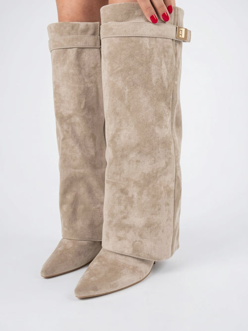 Bottes hautes femme suédine détail doré talons - Beige 36