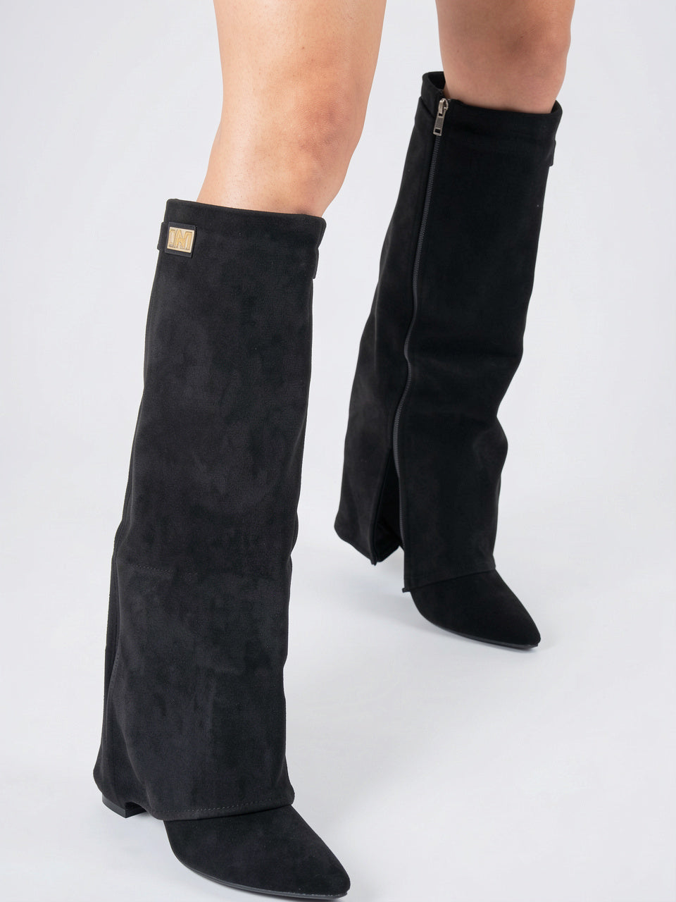 Bottes hautes femme suédine détail doré talons - Noir - daim 36