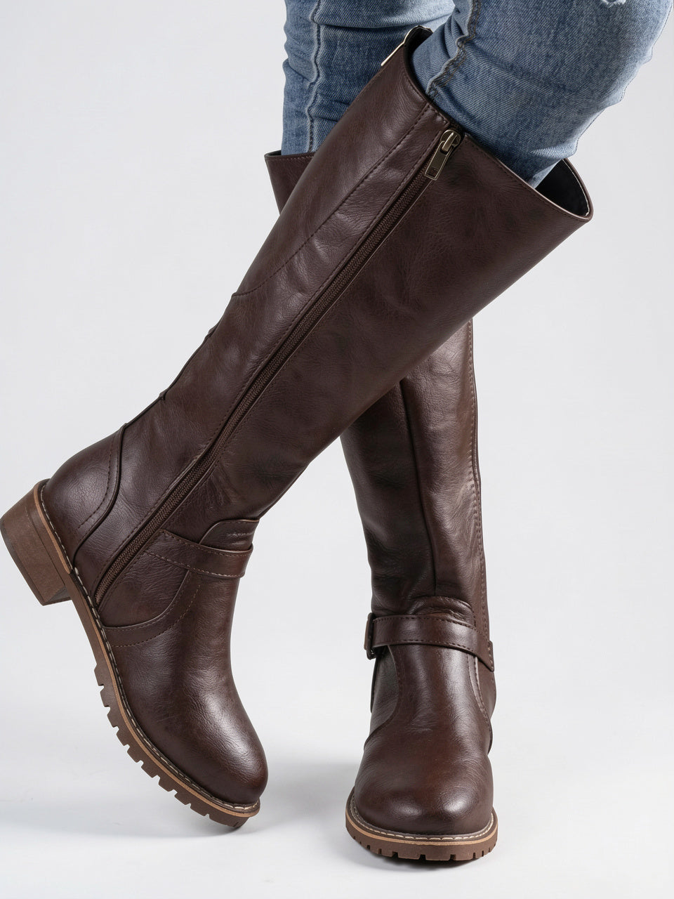 Bottes hautes hiver femme boucle semelle stable - Marron Foncé 36