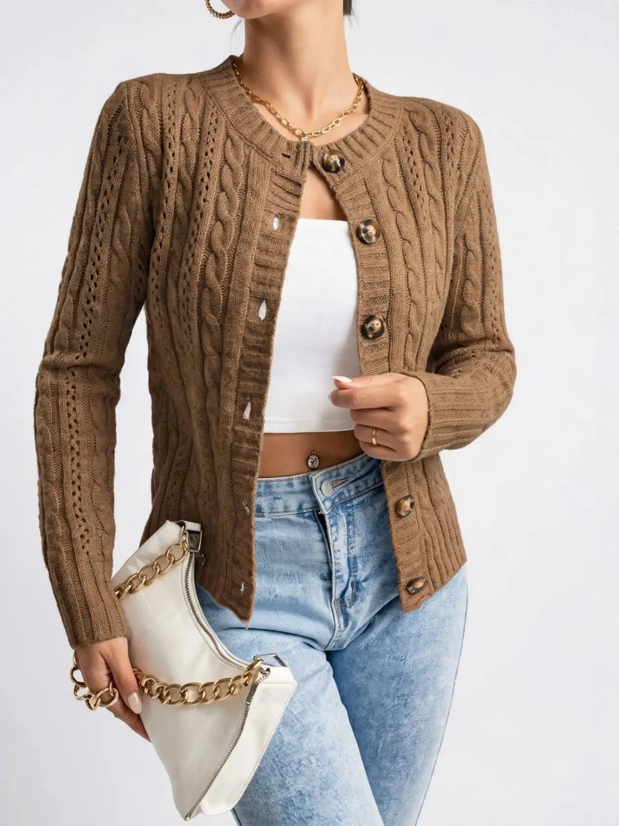 Cardigan Tricot Torsadé Femme Bouton Frontal Automne Hiver