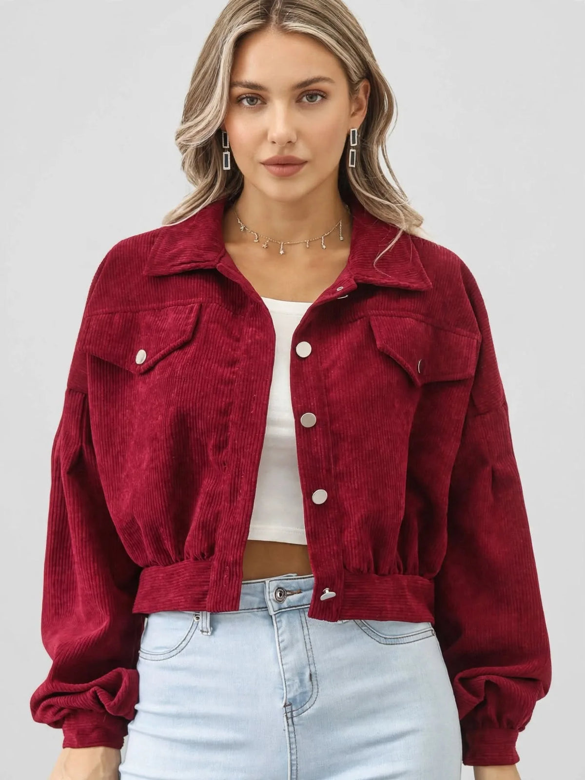 Veste Courte Femme Velours Côtelé Boutonnée Quotidien Poches