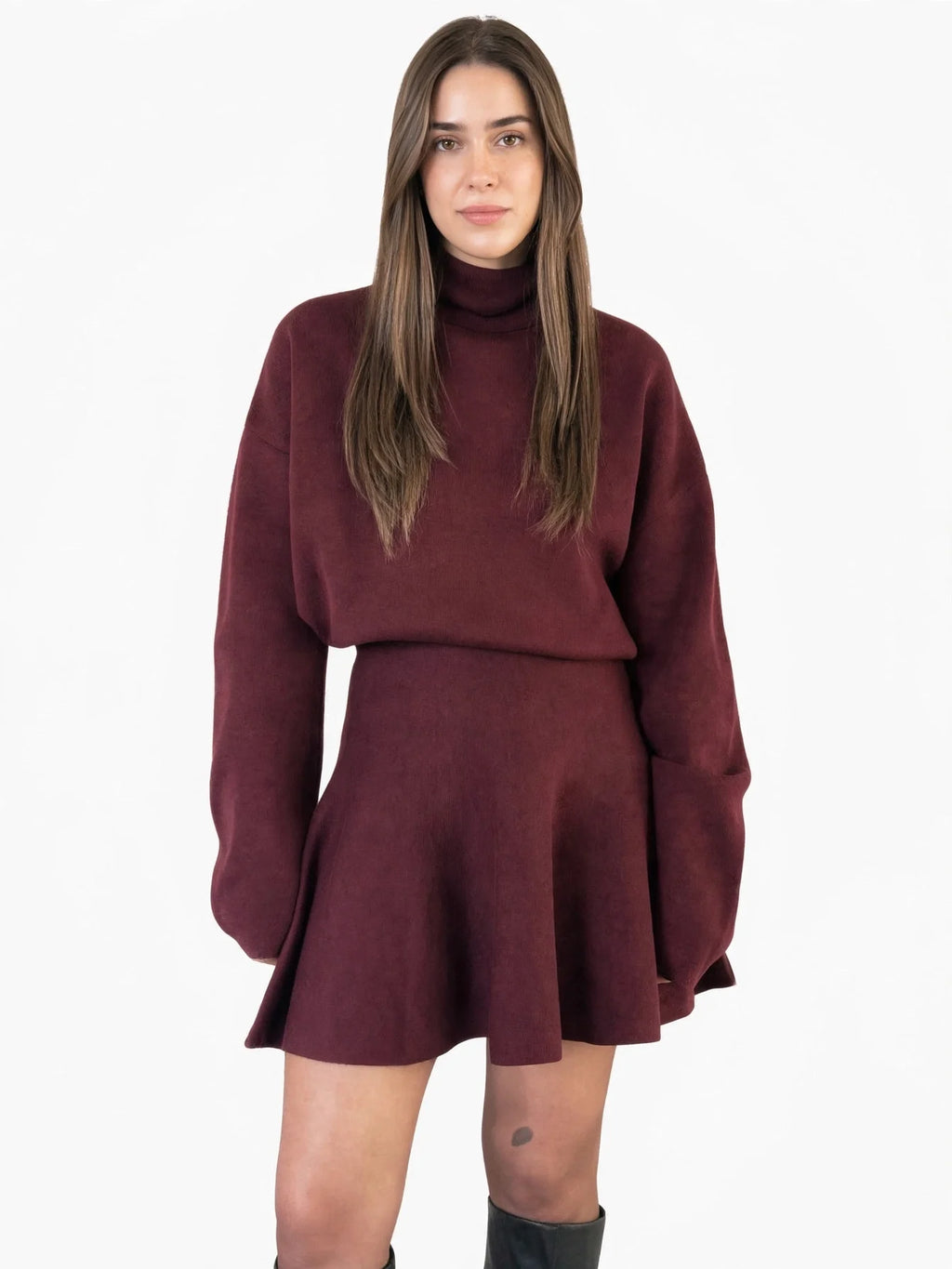 Robe Mini Évasée Manches Longues Col Roulé Femmes, Tricot Doux
