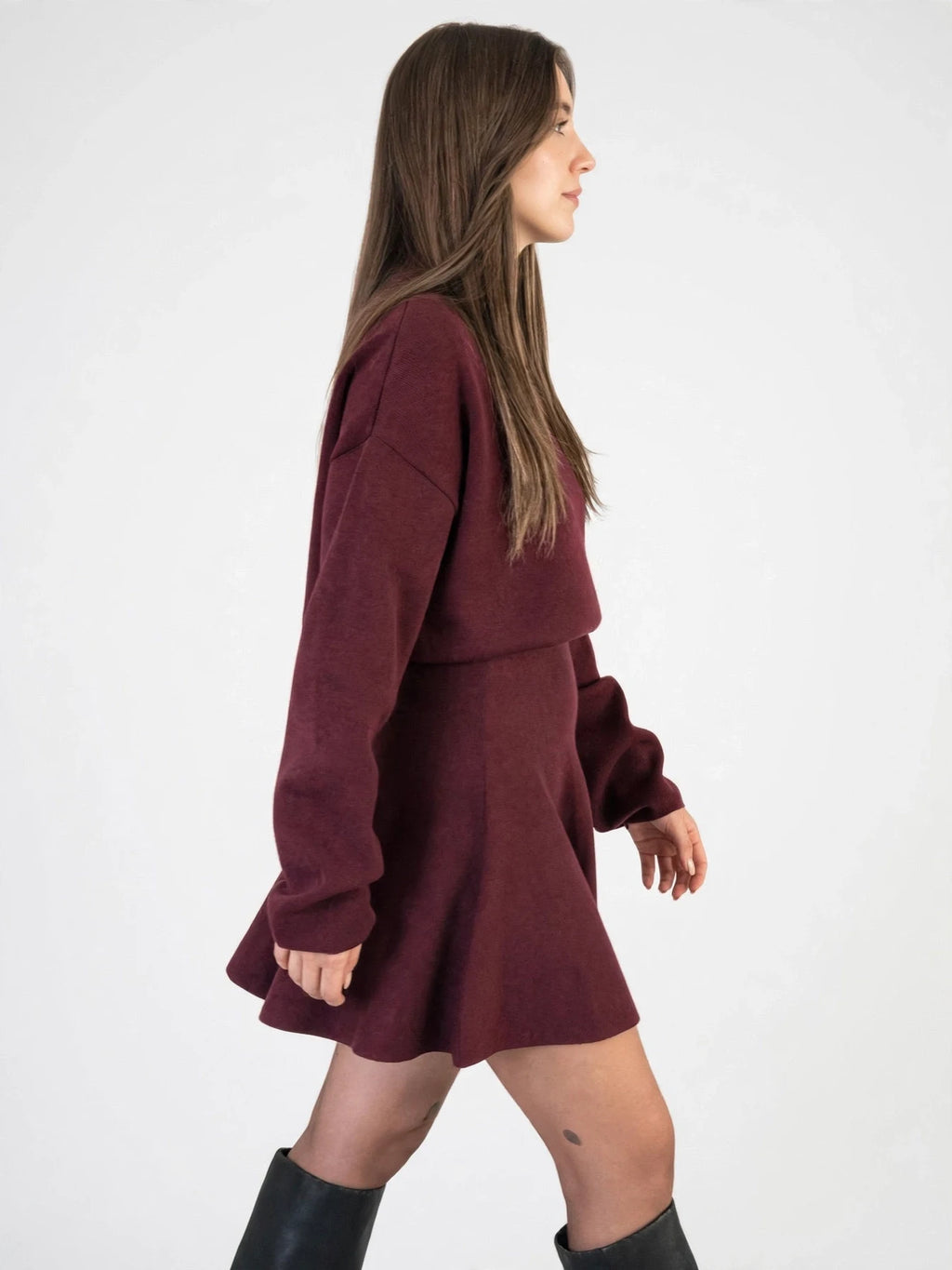 Robe Mini Évasée Manches Longues Col Roulé Femmes, Tricot Doux