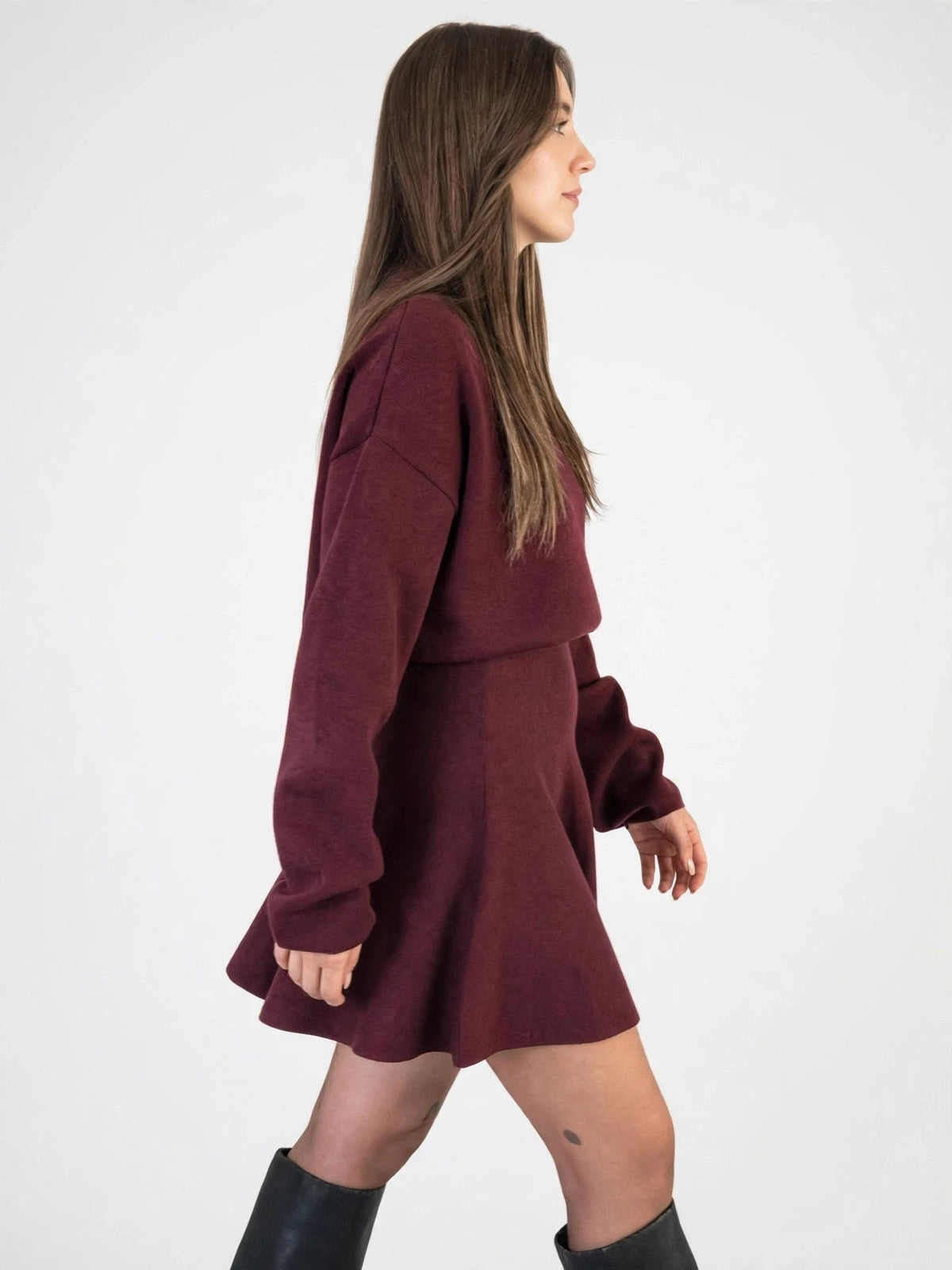 Robe Mini Évasée Manches Longues Col Roulé Femmes, Tricot Doux