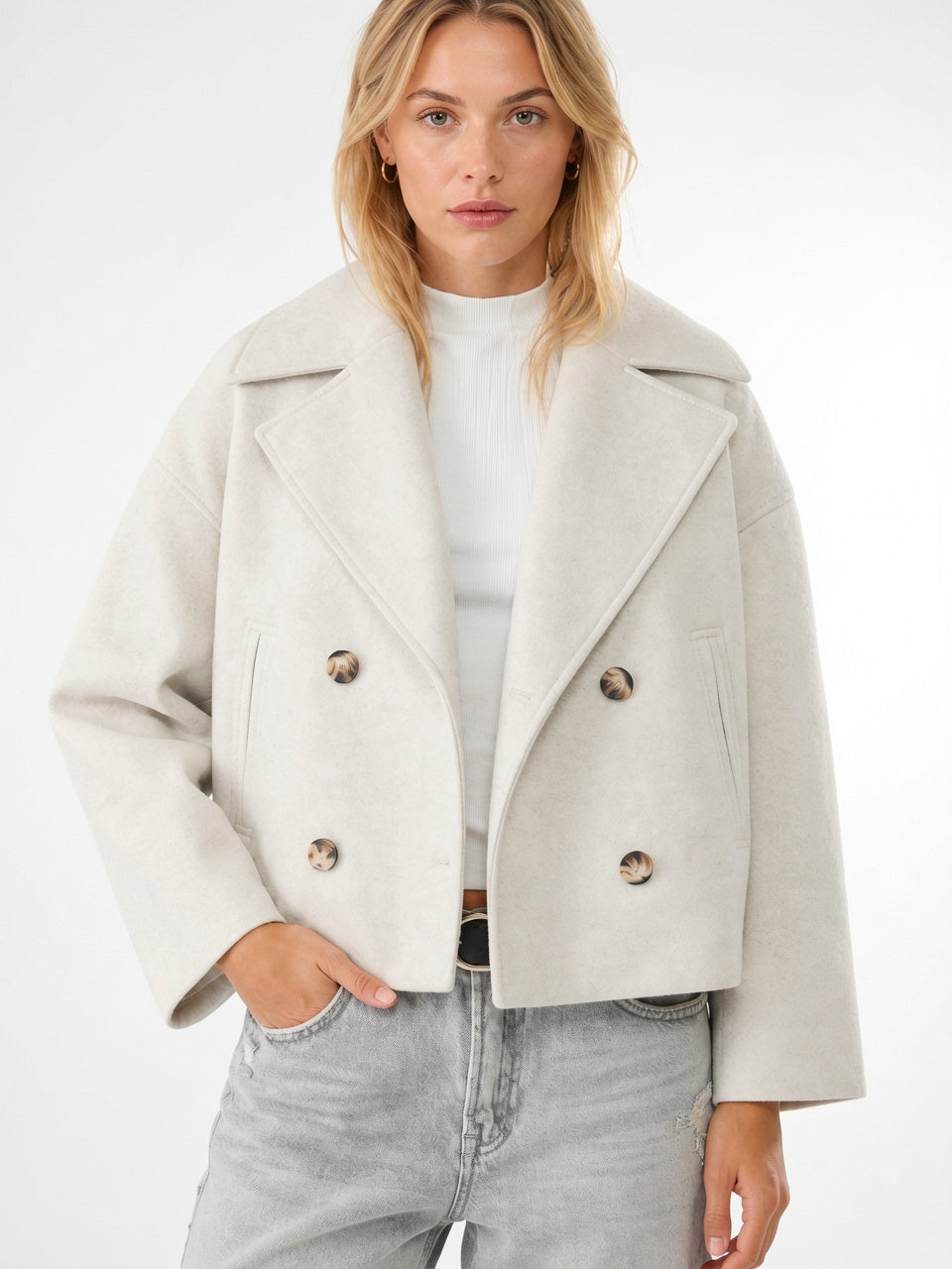 Caban Laine Court Oversize Boutonnage Croisé - Blanc cassé S