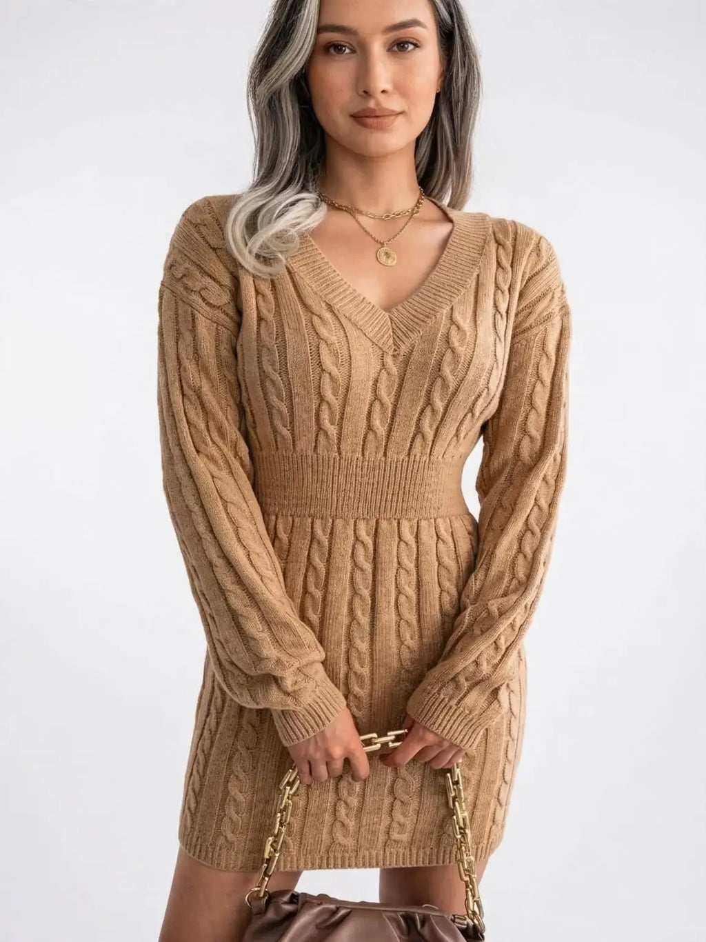 Robe Pull Femme Maille Torsadée Col V Mini
