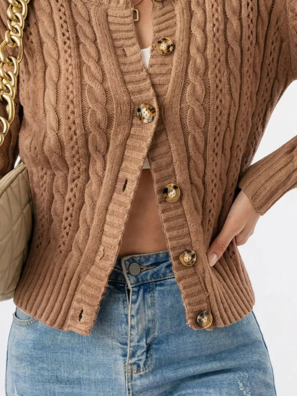 Cardigan Tricot Torsadé Femme Bouton Frontal Automne Hiver