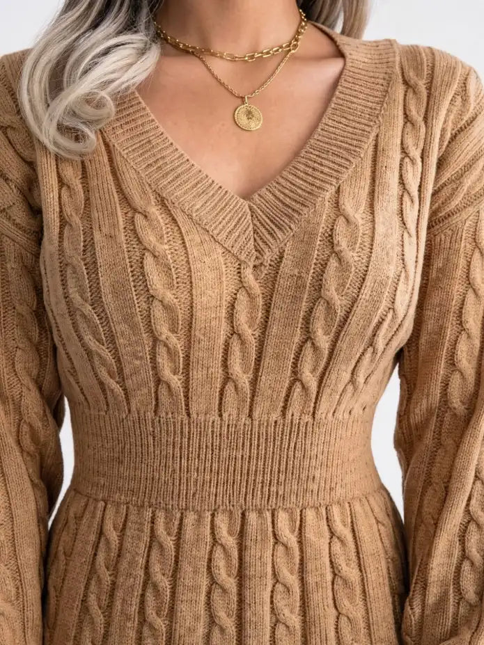 Robe Pull Femme Maille Torsadée Col V Mini