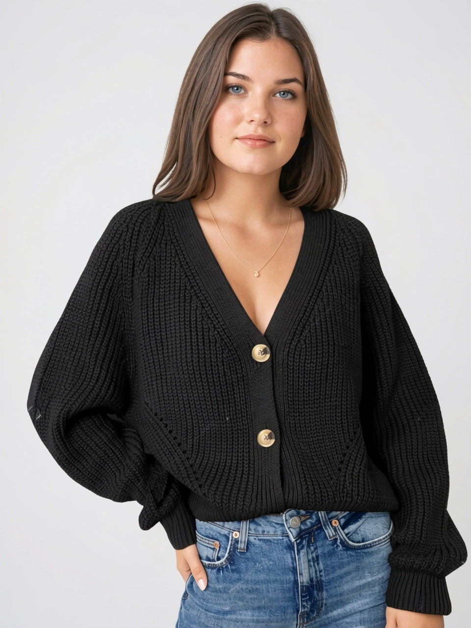Cardigan Col V Manches Longues Tricot Femmes, Maille Épaisse, Coupe Relax - Black S