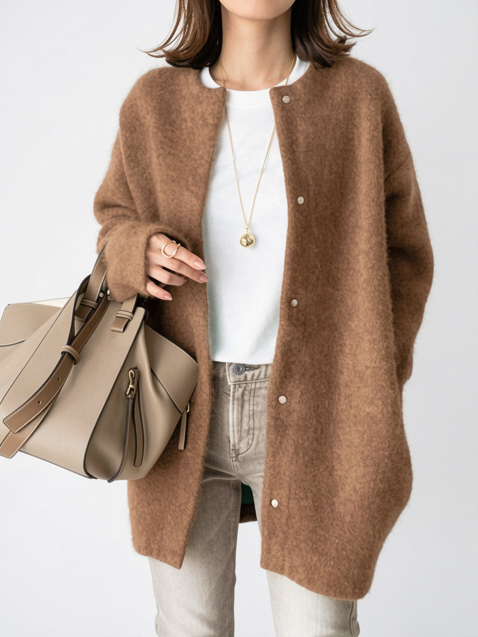 Cardigan Confortable, Coupe Oversize, Tissu Doux et Chaud - Marron XS