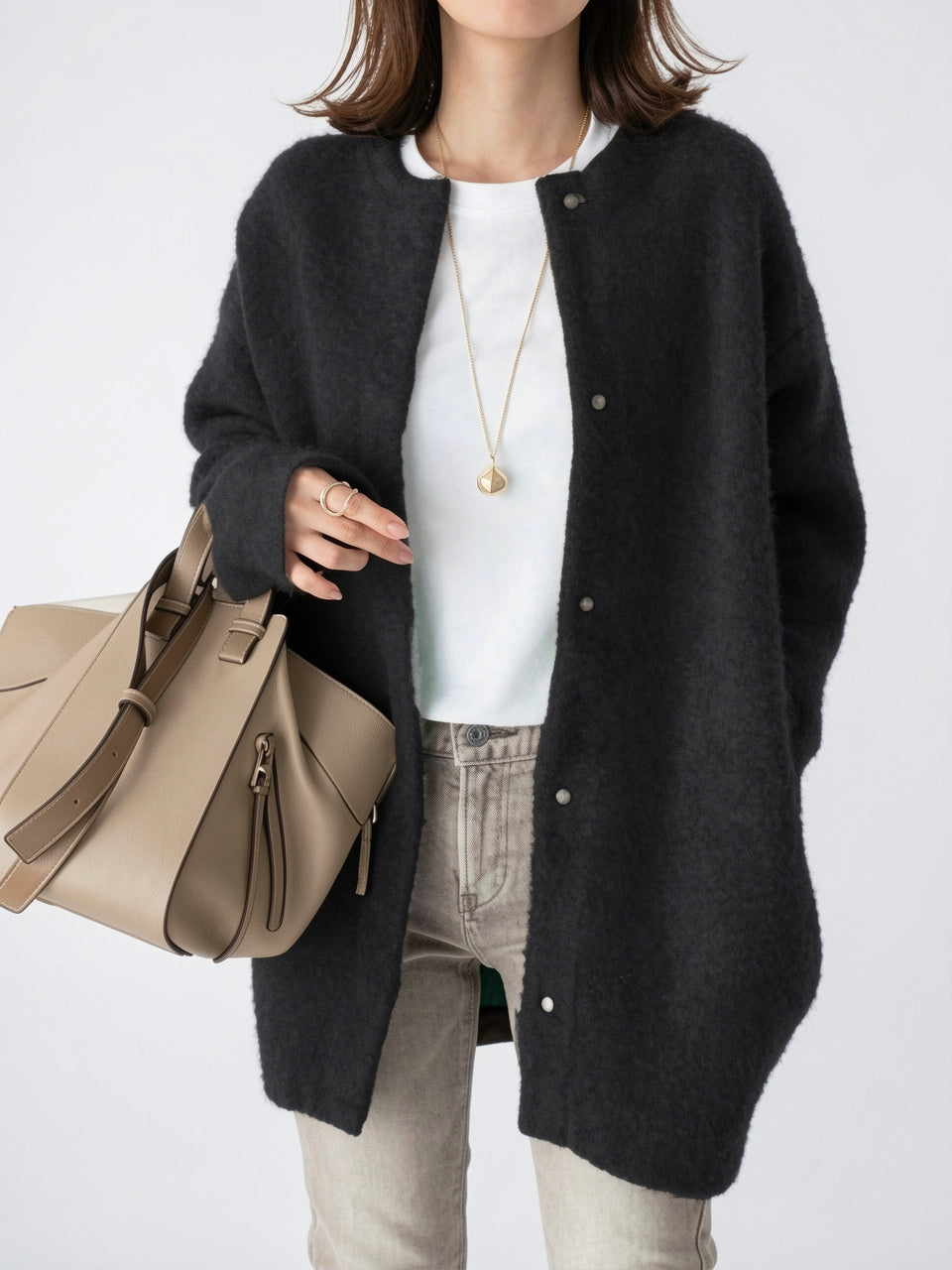 Cardigan Confortable, Coupe Oversize, Tissu Doux et Chaud - Noir XS