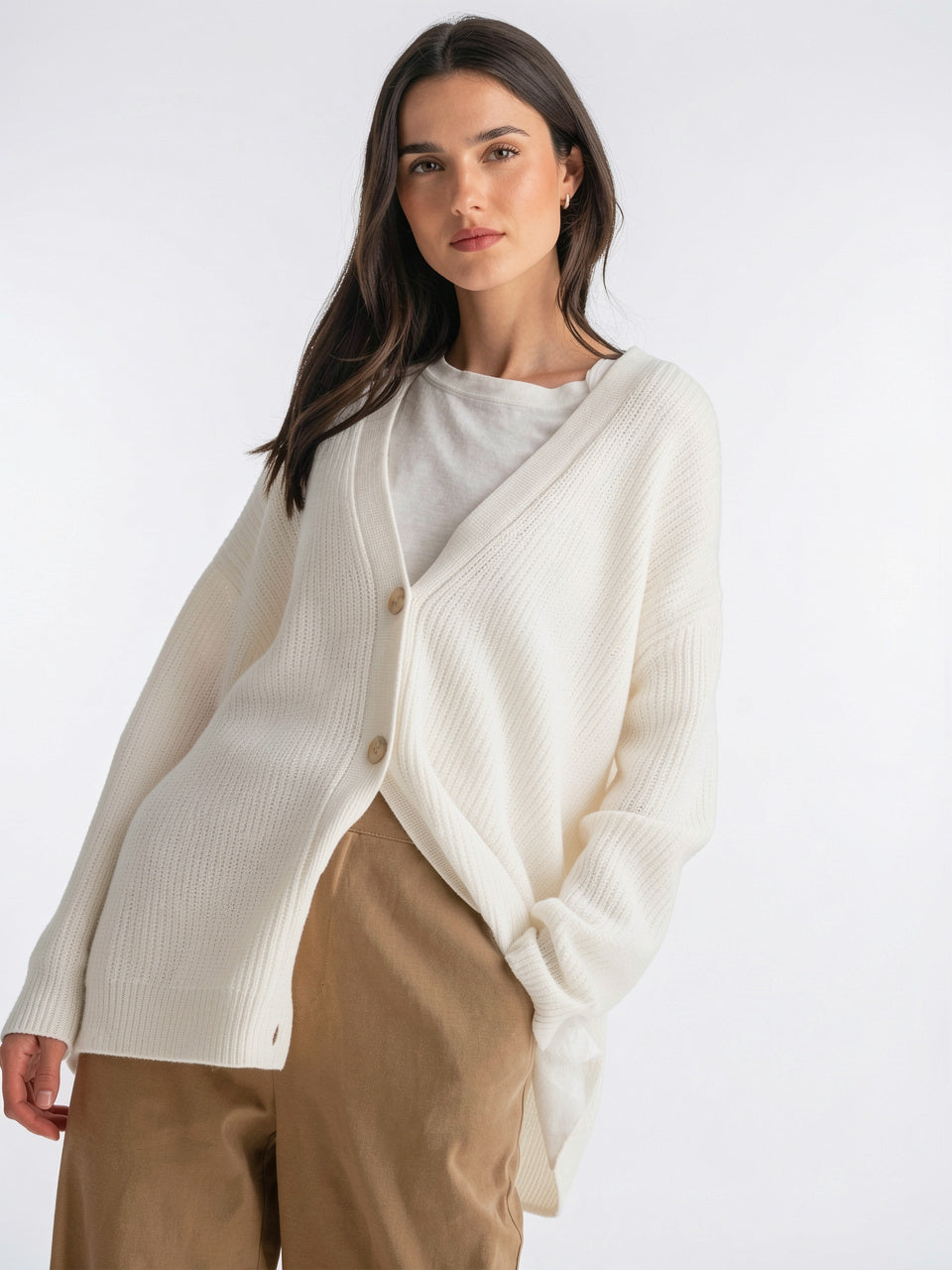 Cardigan Femme Col V Coupe Large Boutons Respirant - Weiß S