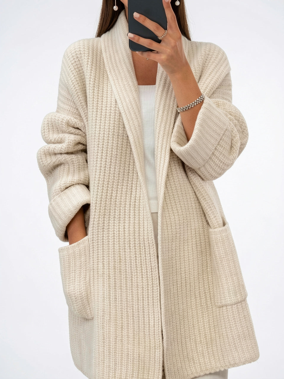 Cardigan Femmes Front Ouvert Oversize Maille Poches - Crème S