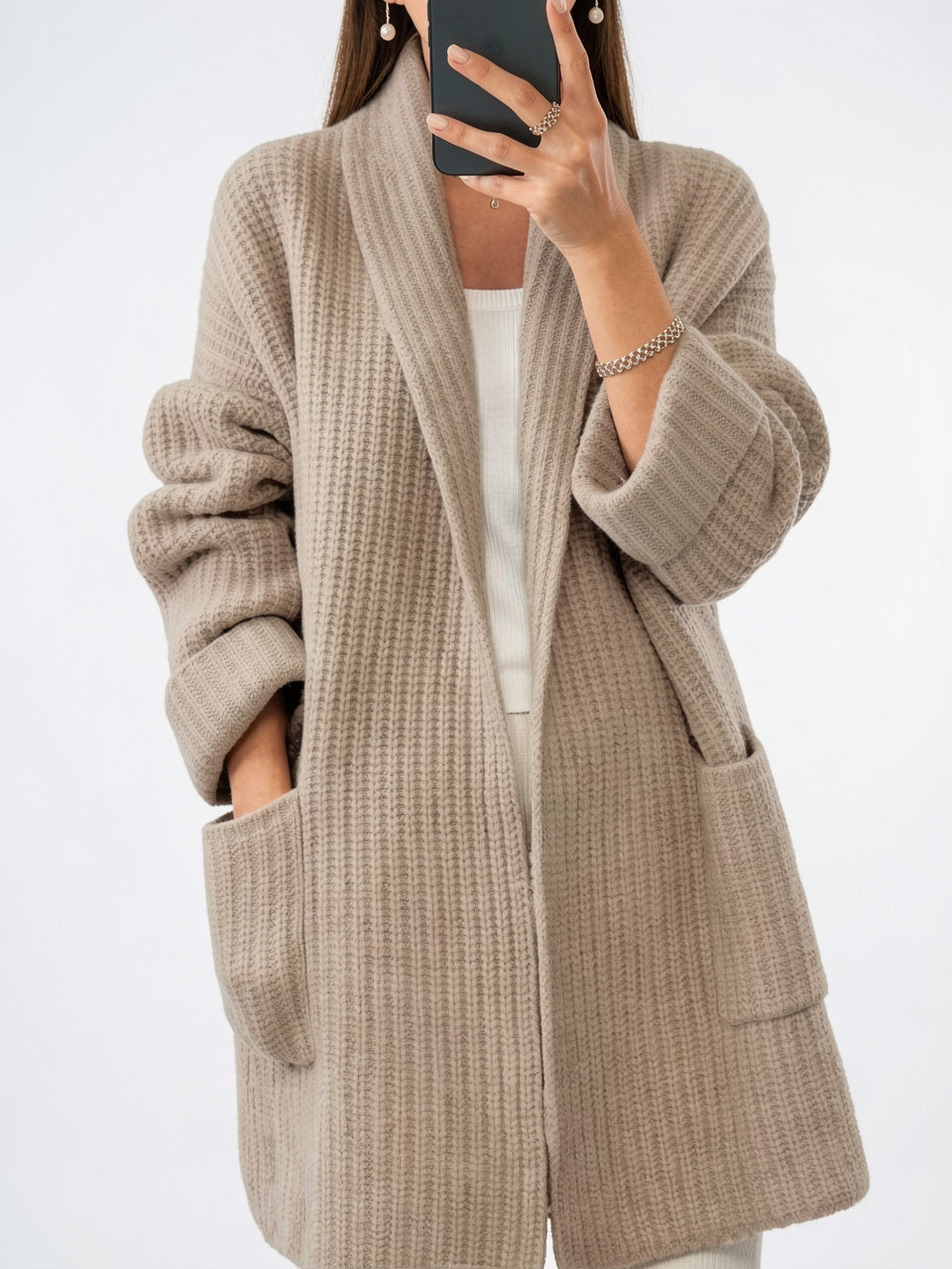 Cardigan Femmes Front Ouvert Oversize Maille Poches - Taupe S