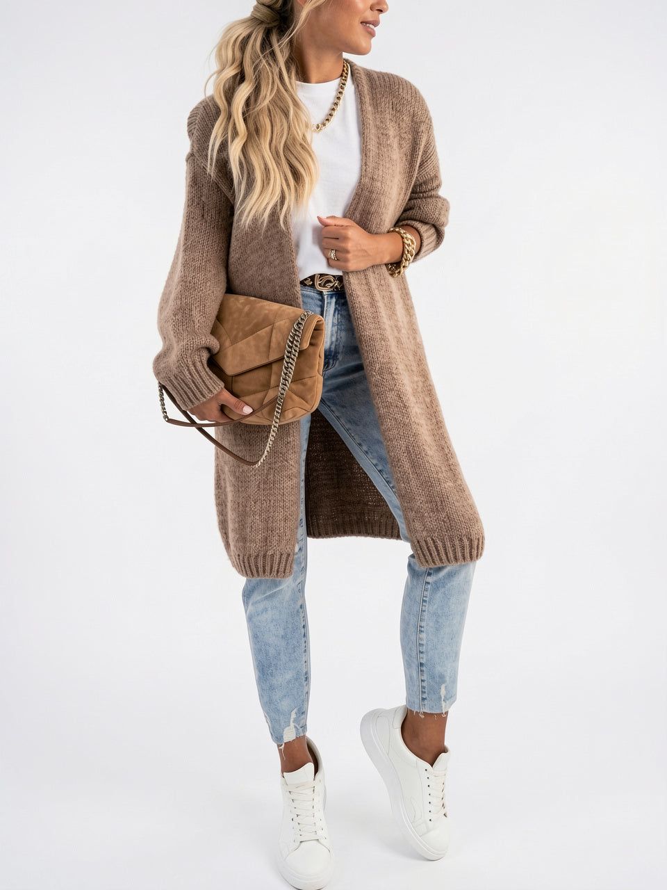 Cardigan Long Oversize Femme Tricot Confortable Libre Manches Longues - Kaki S