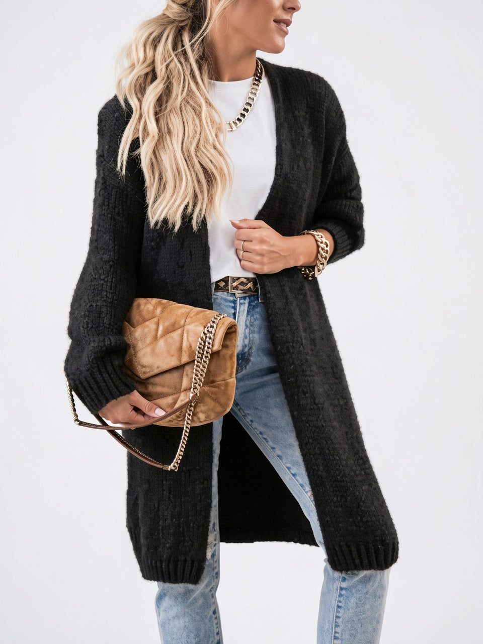 Cardigan Long Oversize Femme Tricot Confortable Libre Manches Longues - Noir S