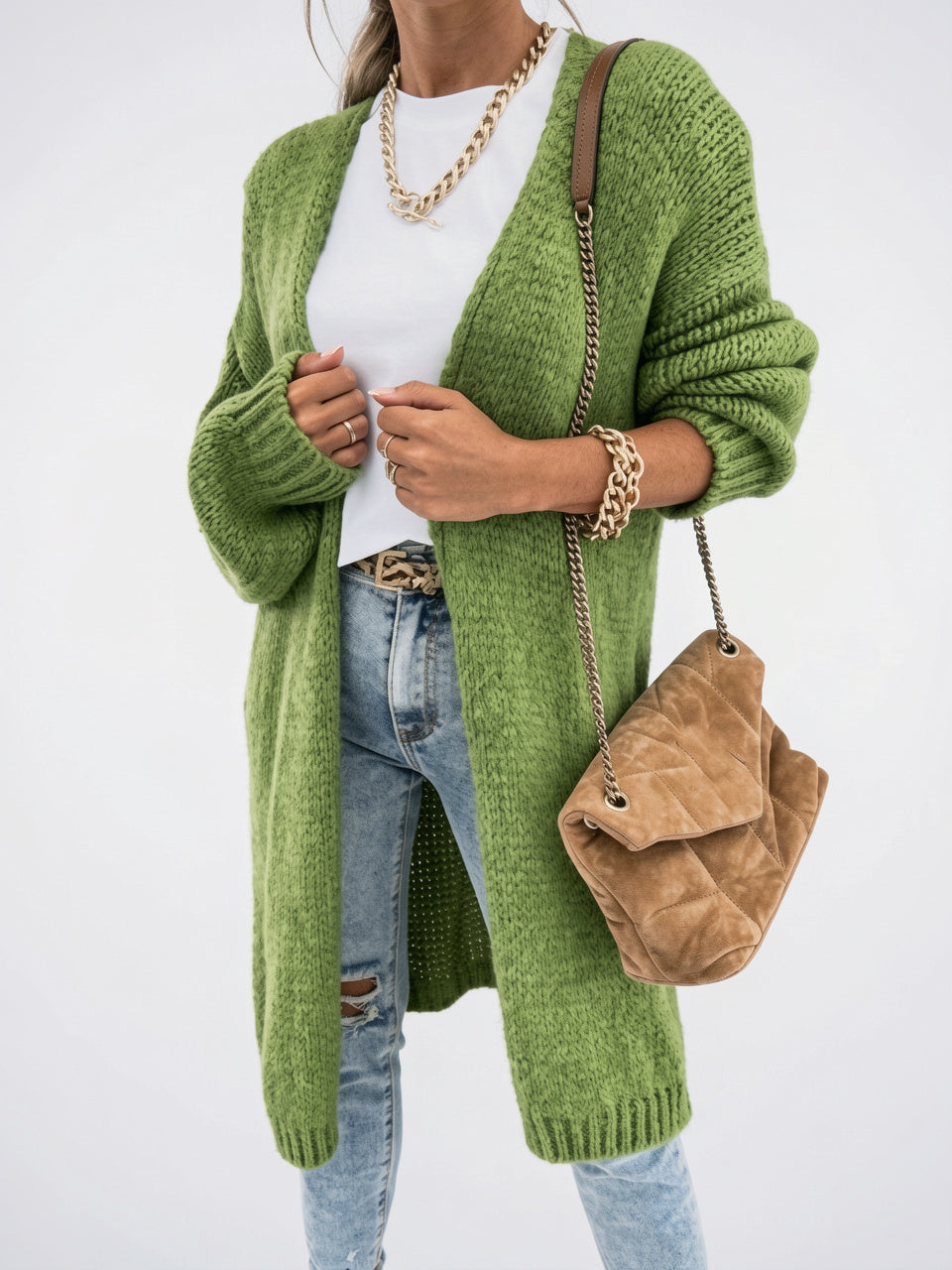Cardigan Long Oversize Femme Tricot Confortable Libre Manches Longues - Vert S