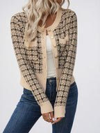 Cardigan maille pied-de-poule poches poitrine boutons dorés court - 2