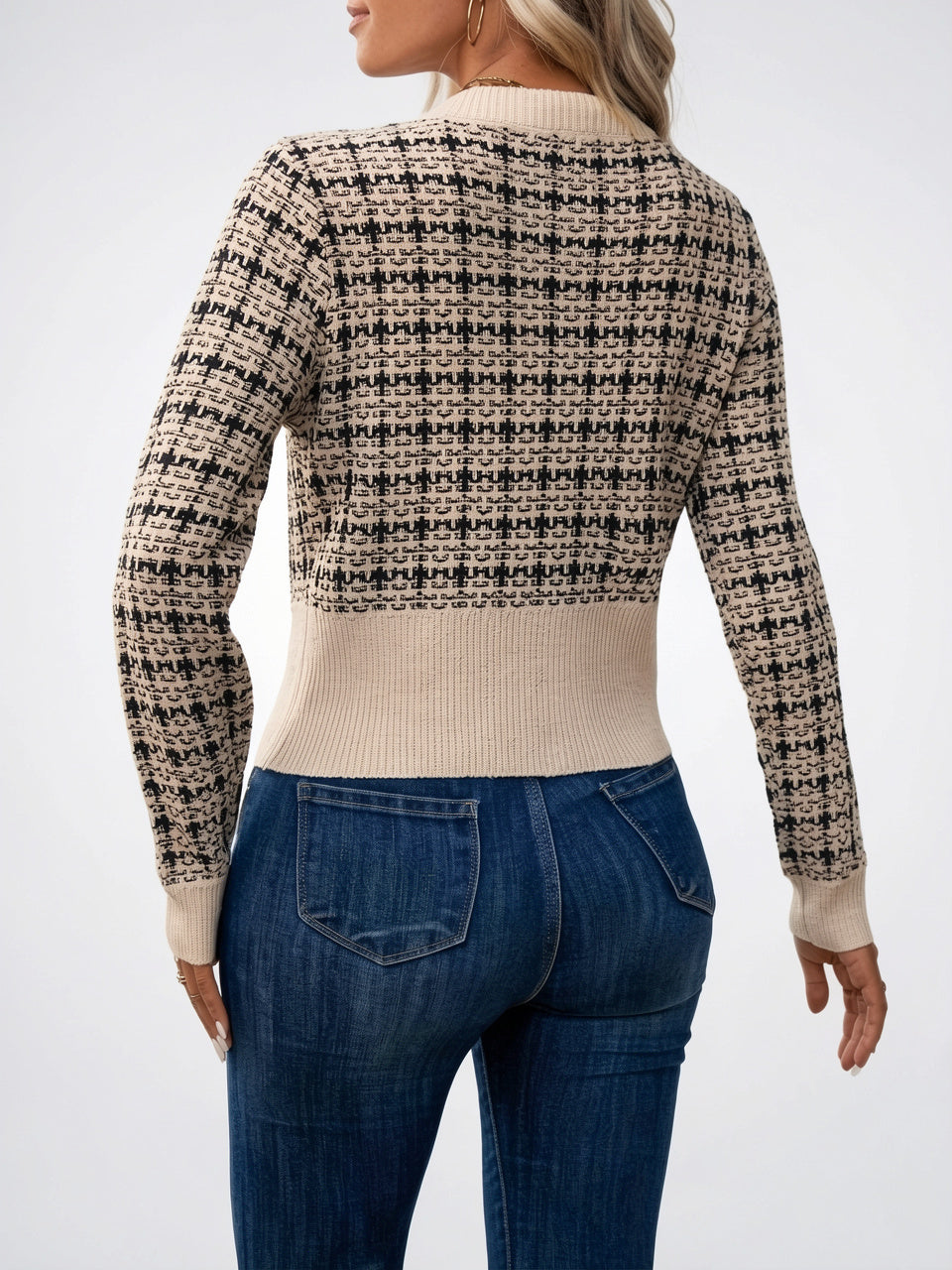 Cardigan maille pied-de-poule poches poitrine boutons dorés court - 3