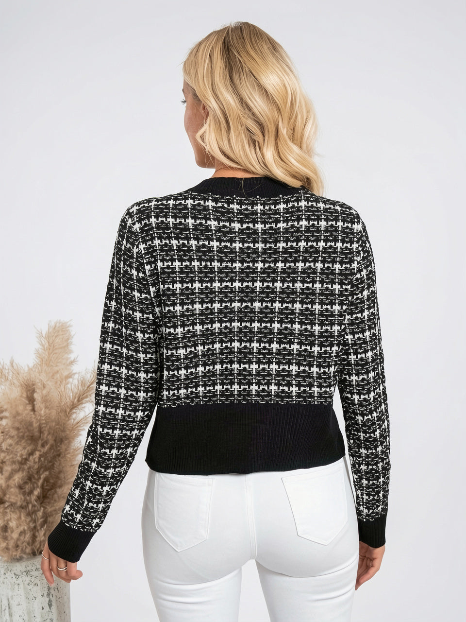 Cardigan maille pied-de-poule poches poitrine boutons dorés court - 5