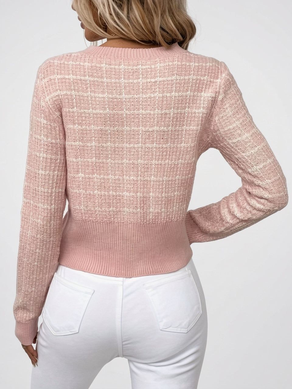 Cardigan maille pied-de-poule poches poitrine boutons dorés court - 9