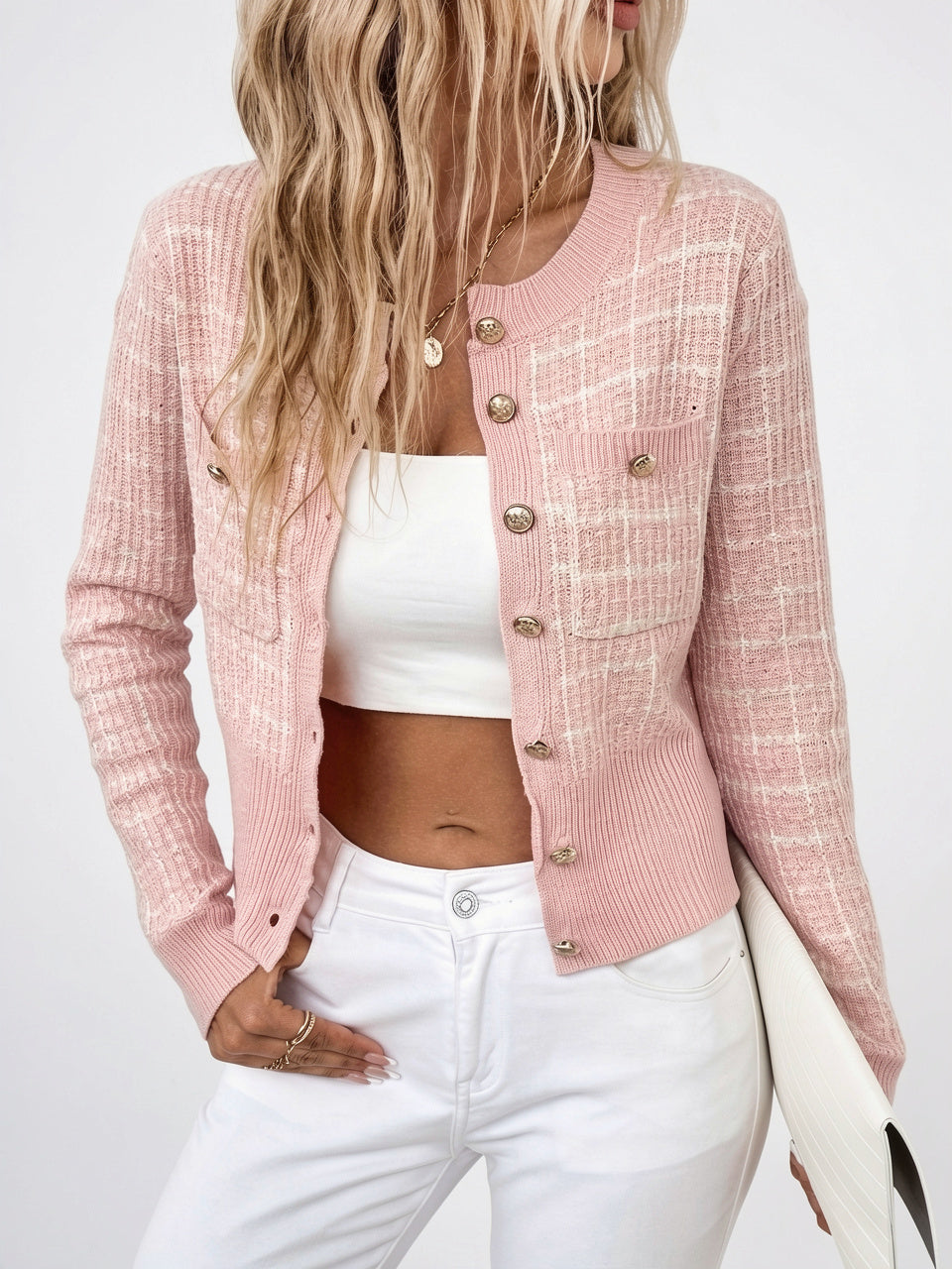 Cardigan maille pied-de-poule poches poitrine boutons dorés court - Rose S