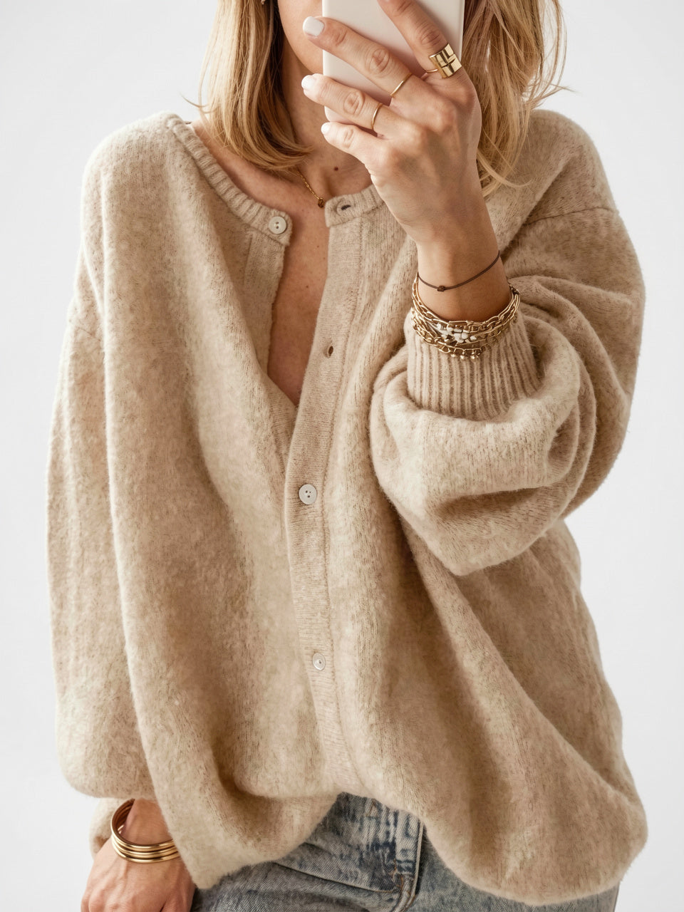 Cardigan Oversize Doux Femme Tricot Boutonnage Frontal - Beige S