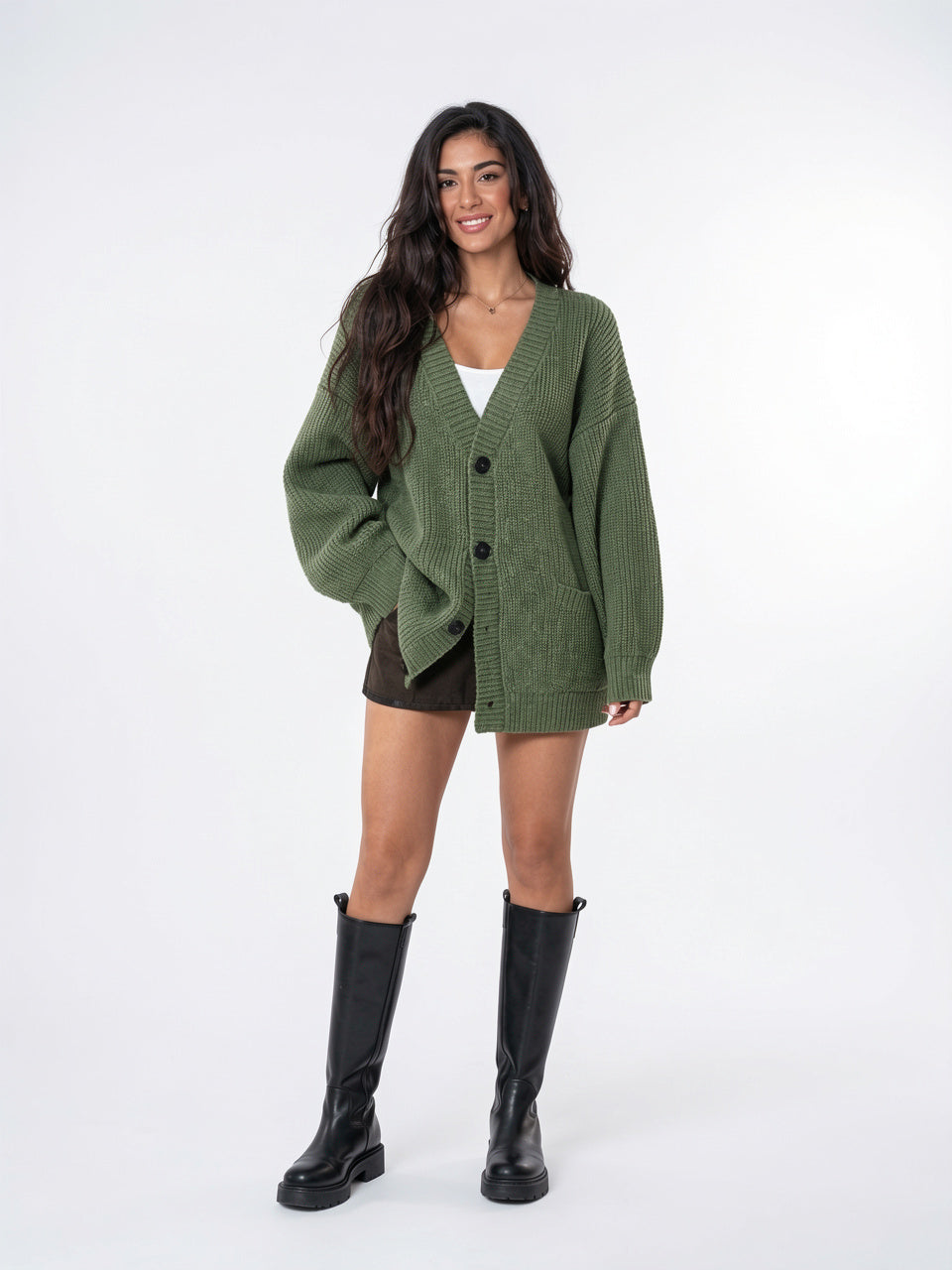 Cardigan Tricot Épais Oversize Femmes Col V Poches - 1