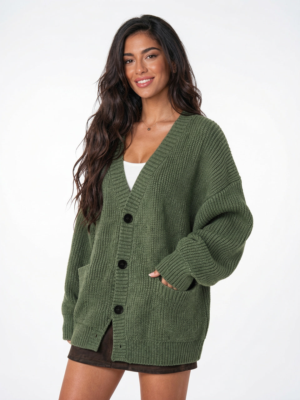 Cardigan Tricot Épais Oversize Femmes Col V Poches - Vert S