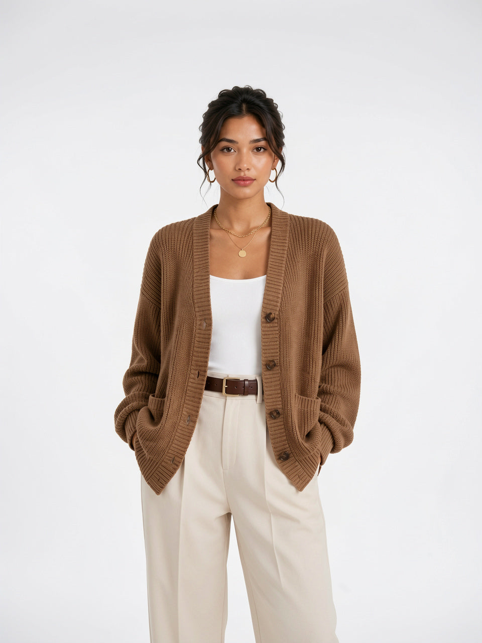 Cardigan Tricot Femme Manches Longues Bouton Frontal Automne - Marron S