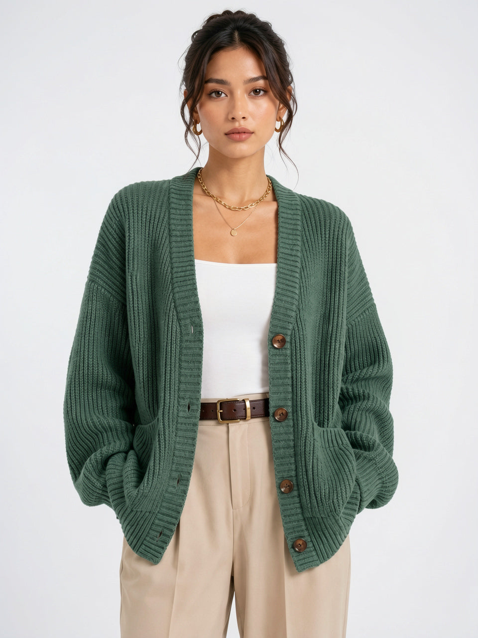 Cardigan Tricot Femme Manches Longues Bouton Frontal Automne - Vert S