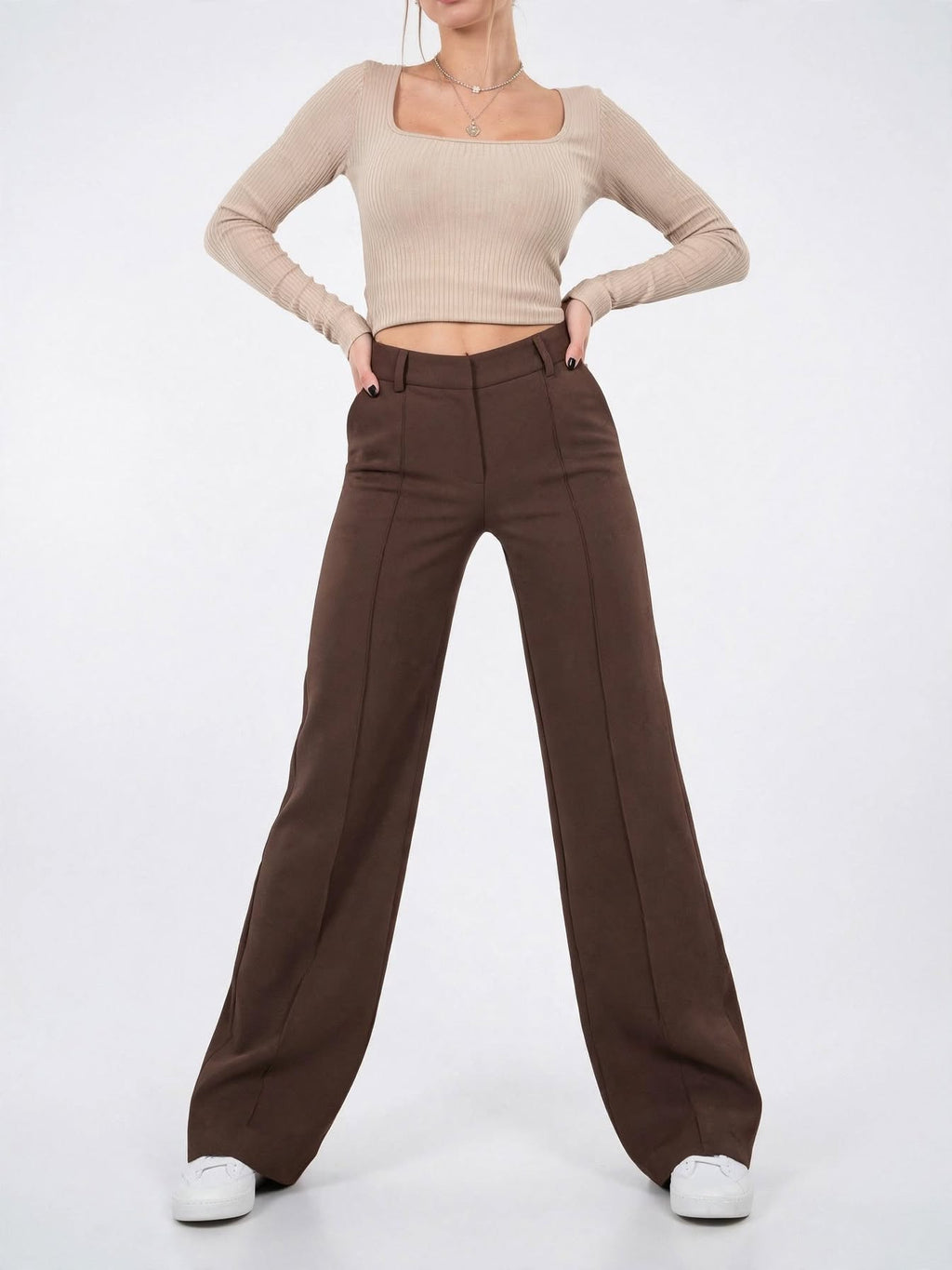 Pantalon Jambes Larges Double Taille Taille Haute Fluide