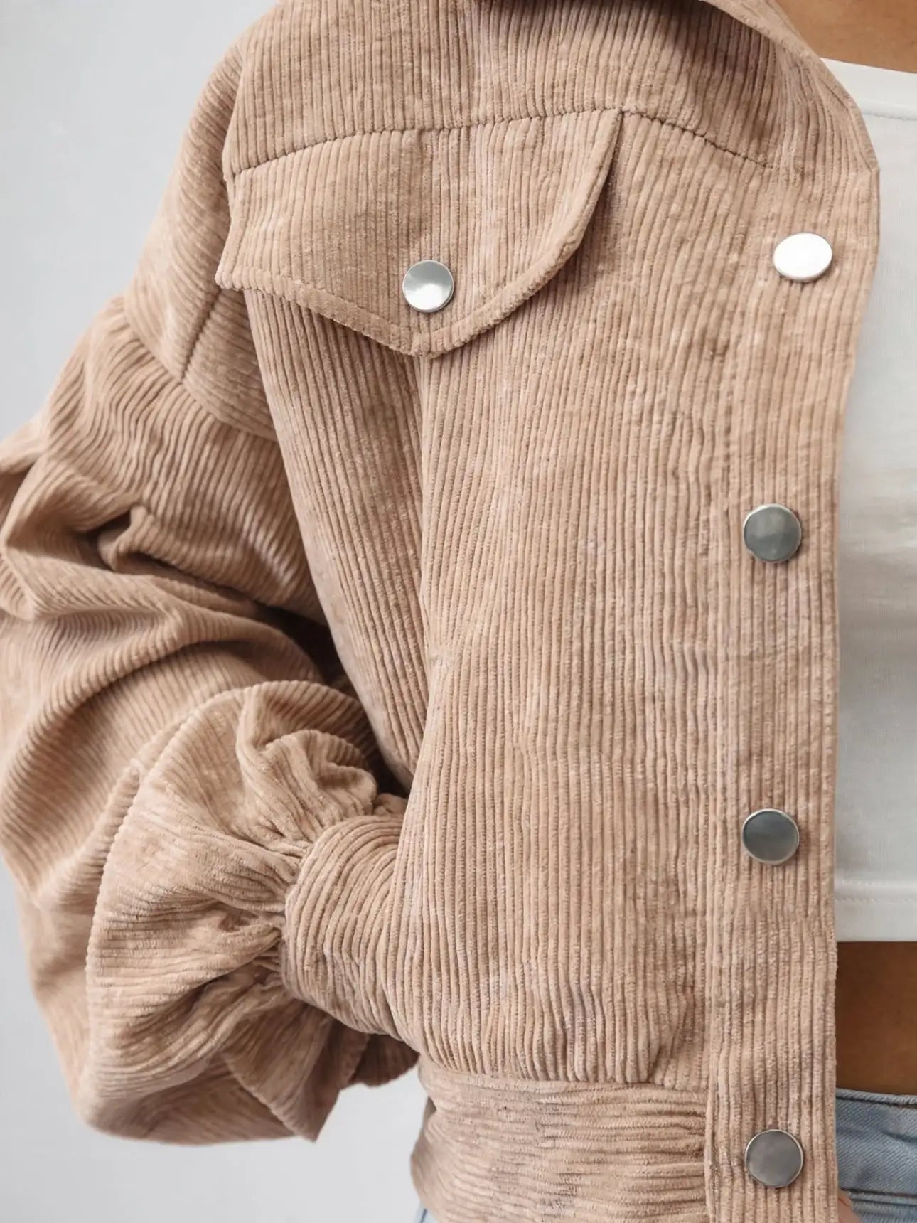 Veste Courte Femme Velours Côtelé Boutonnée Quotidien Poches