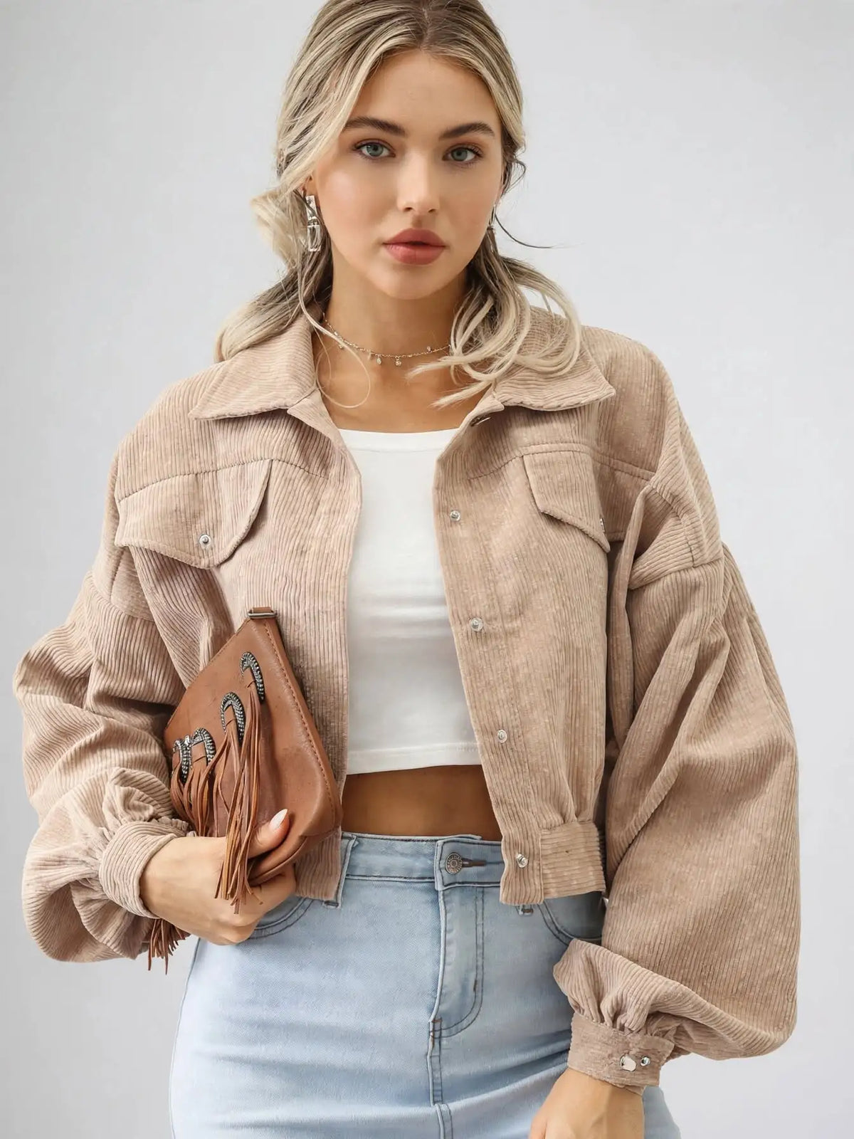 Veste Courte Femme Velours Côtelé Boutonnée Quotidien Poches